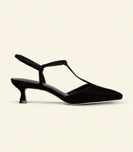 TABITHA T STRAP HEEL -- BLACK SUEDE