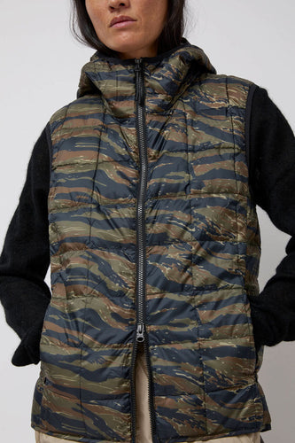 TAION Hooded W-Zip Down Vest in Tiger Stripe