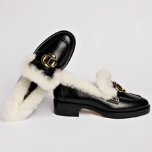 Load image into Gallery viewer, Bobbie Loafer In Black Leather and Natural Shearling