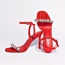 Load image into Gallery viewer, Calypso Sandal In Red Fabric and Crystals