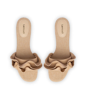 Ivy Ruffle Flat Mule In Beige Raffia